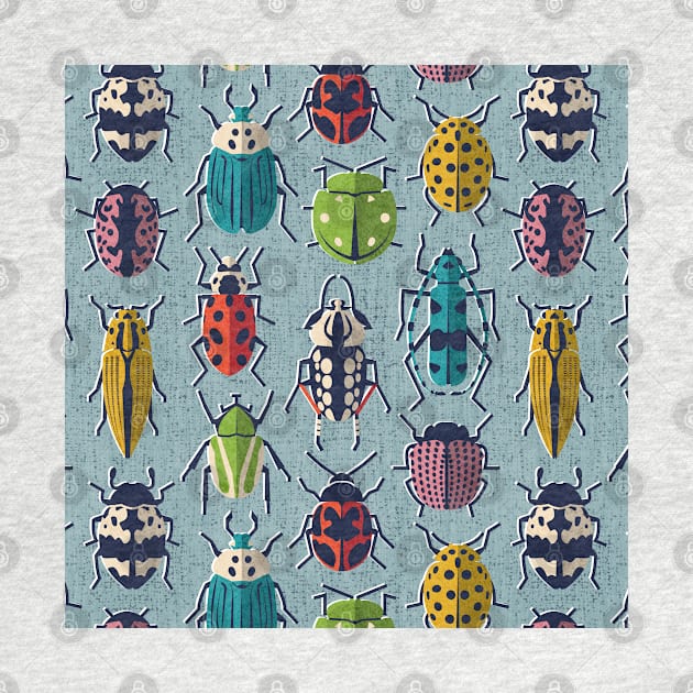 These don't bug me // pattern // duck egg blue background green yellow neon red orange pink blue and black and ivory retro paper cut beetles and insects by SelmaCardoso